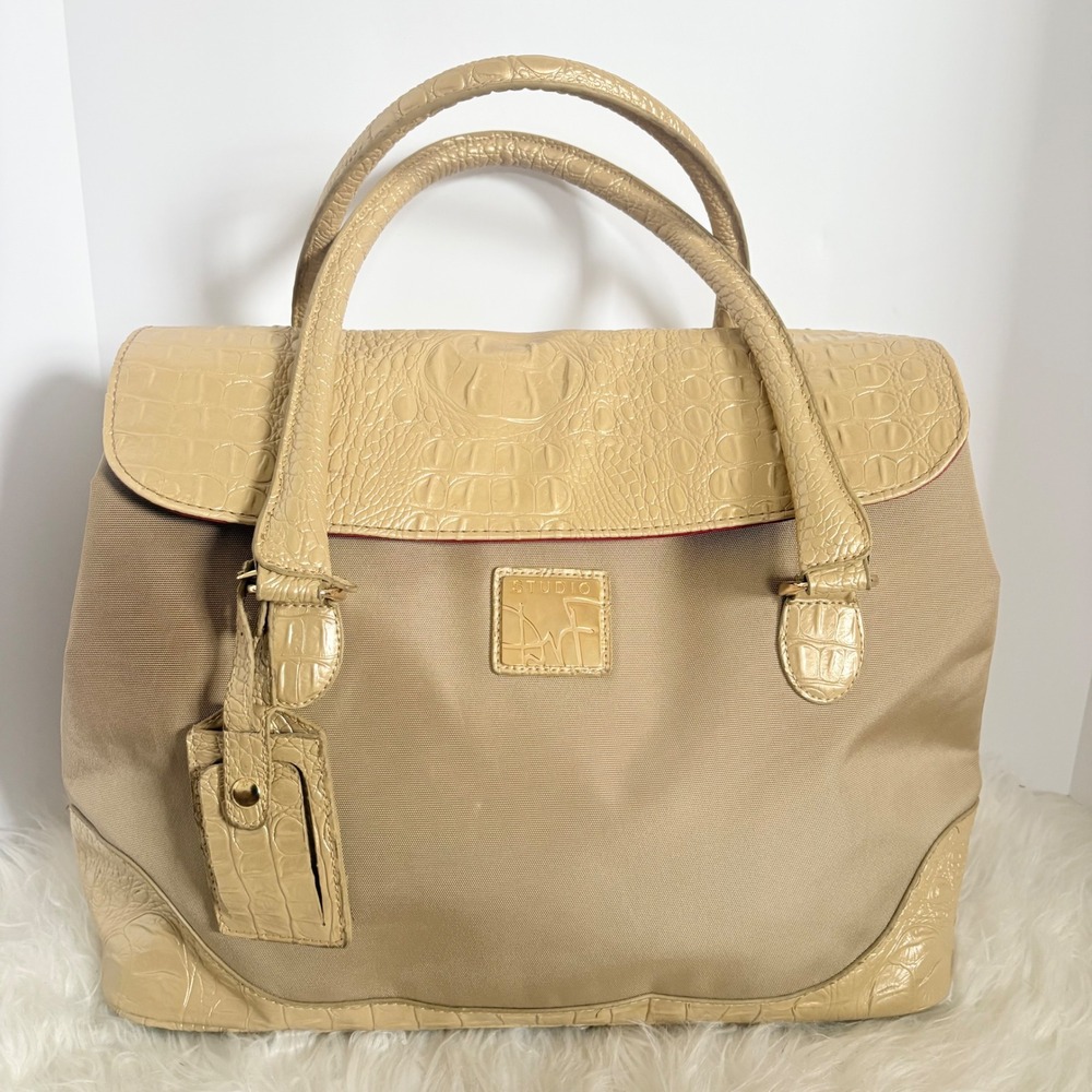 Diane von Furstenberg Gold Nylon Croc Embossed Faux Leather Weekender Tote Bag‎